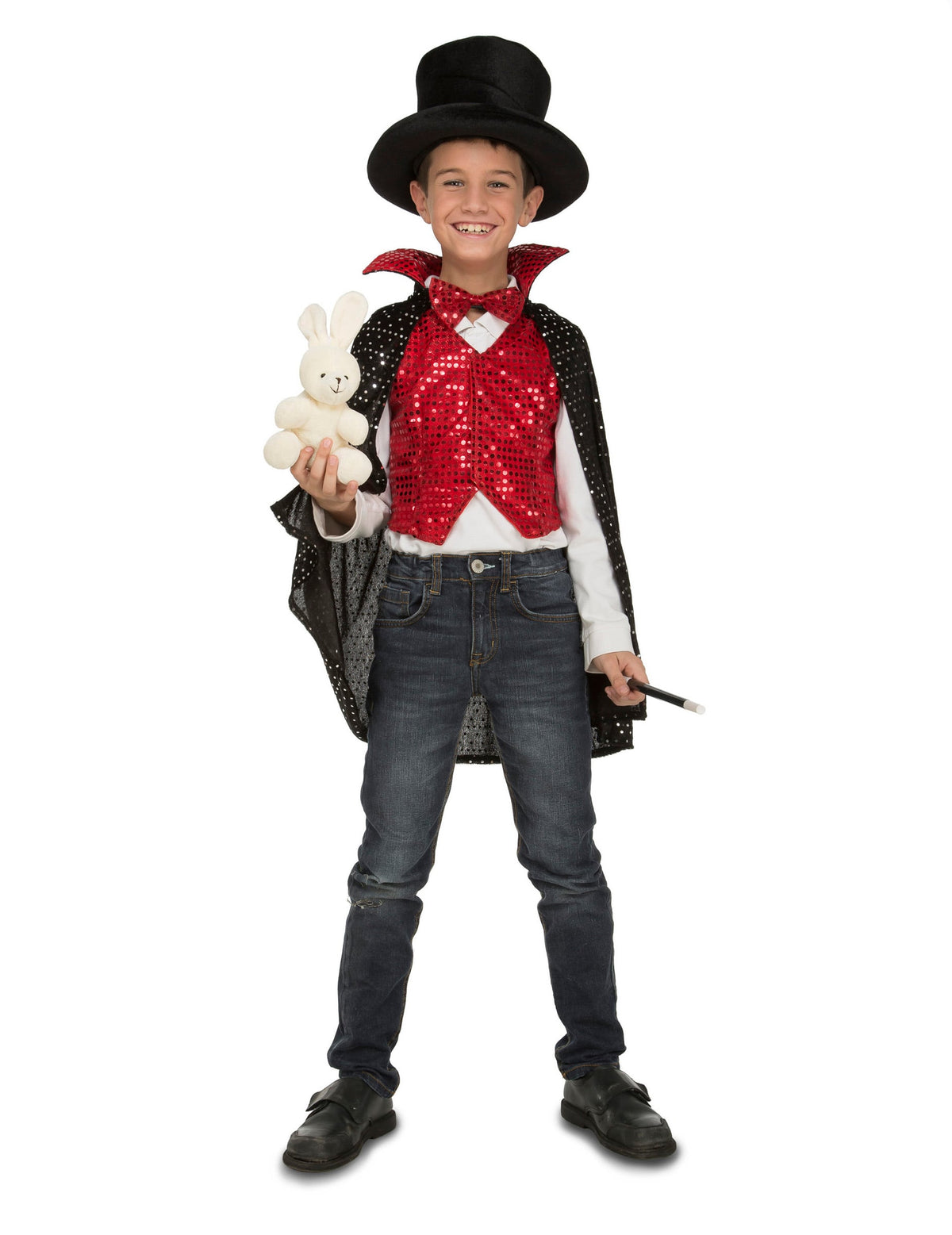 Kit déguisement avec accessoires magicien pour enfant rouge et noir à sequins