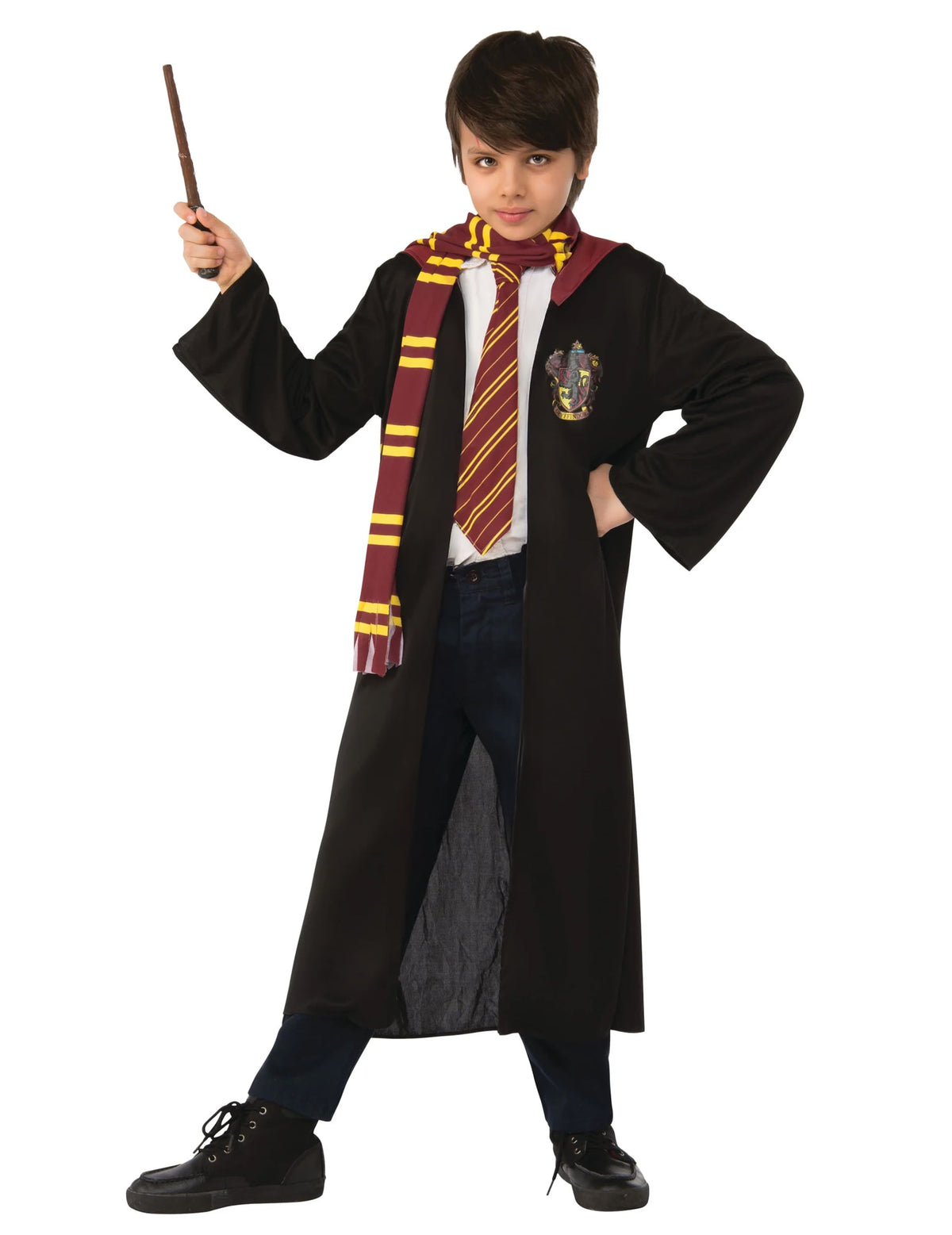 Kit de disfarce e acessórios Harry Potter para criança preto com varinha, cachecol e gravata Gryffindor