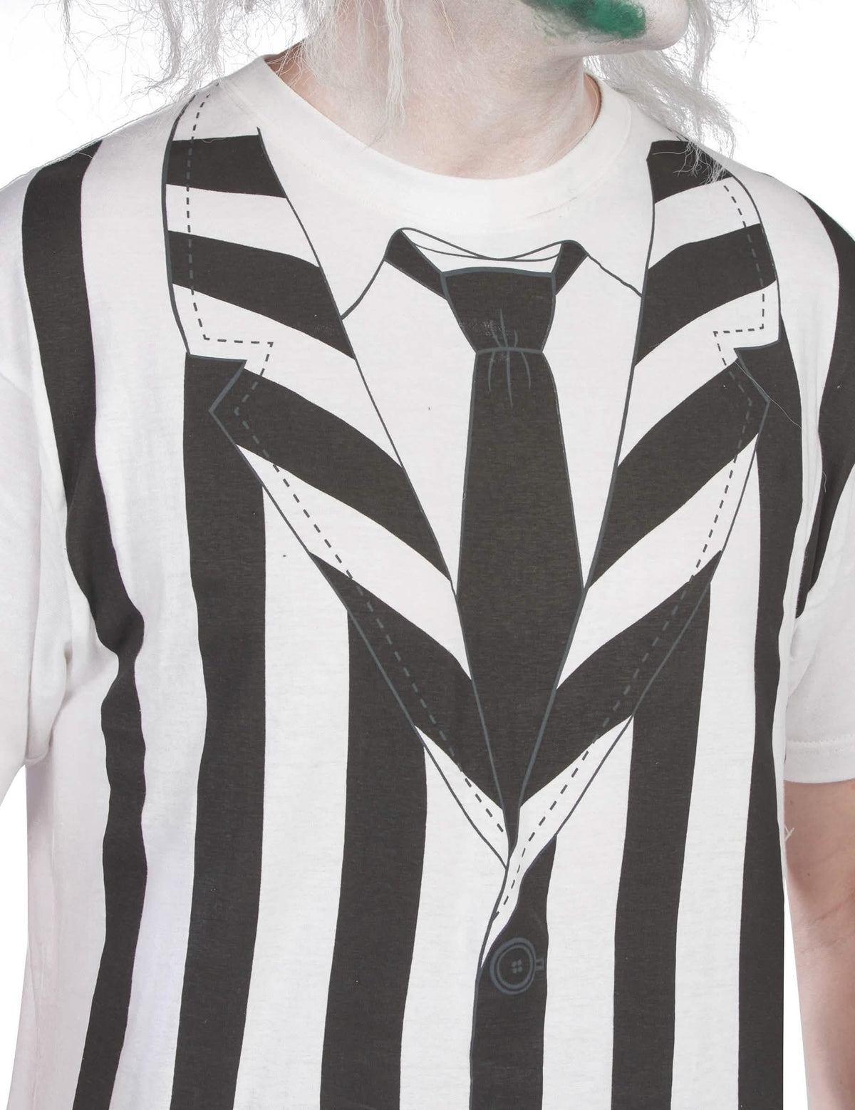 Détail de l'imprimé veste et cravate du kit déguisement et perruque Beetlejuice