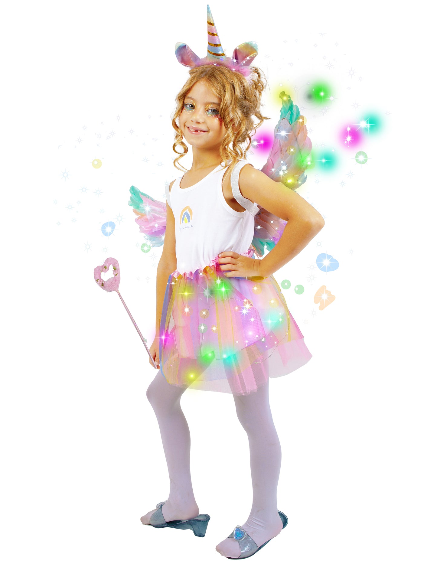 Kit déguisement licorne pour fille lumineux multicolore avec serre-tête ailes et tutu