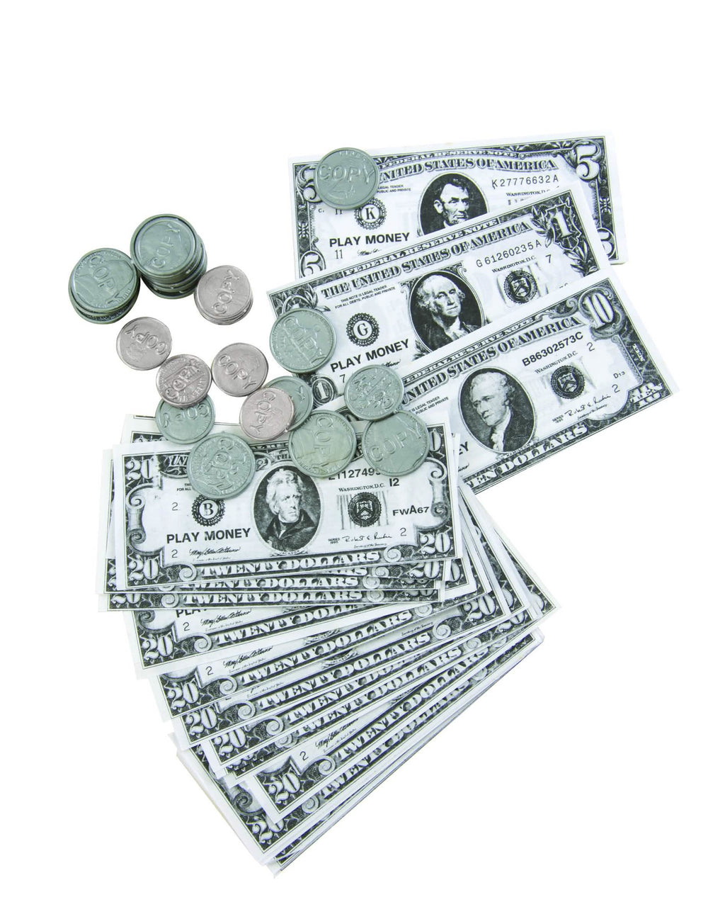 Kit de dólares em notas e moedas falsas verdes e prateadas para criança e adulto