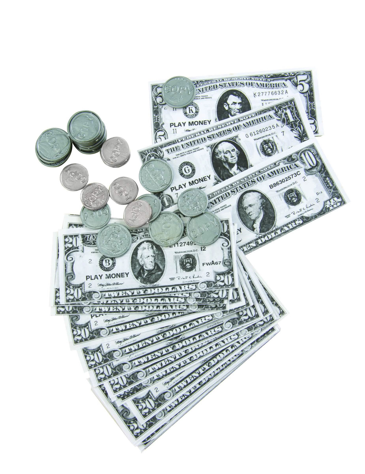 Kit de dólares em notas e moedas falsas verdes e prateadas para criança e adulto