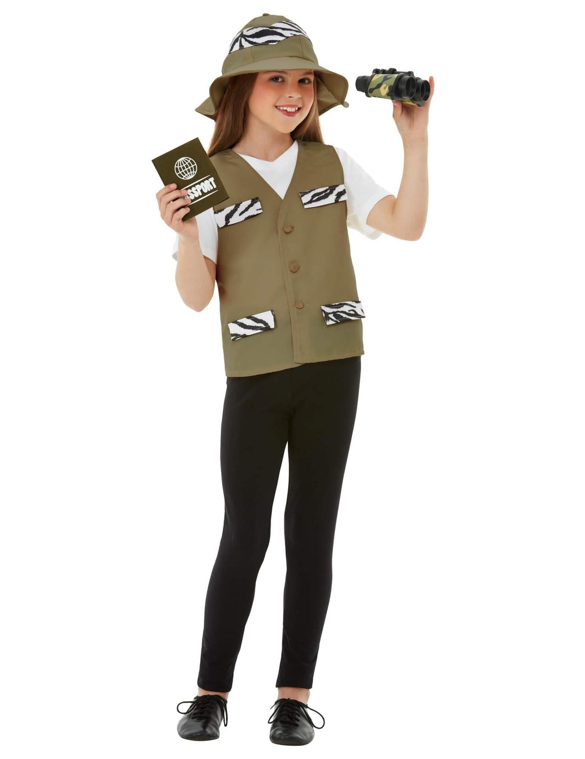 Kit de explorador para criança verde-kaki com motivos de zebra e chapéu