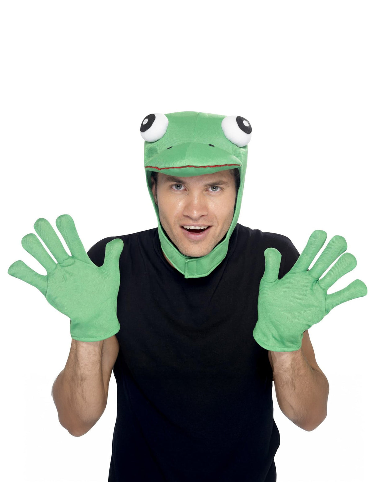 Vue de face de la cagoule et des gants du kit grenouille pour adulte