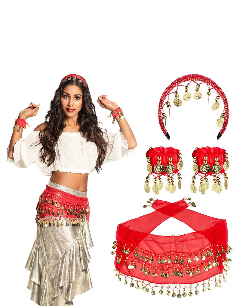 Vue d'ensemble dos acessórios do kit acessórios dançarina oriental para mulher