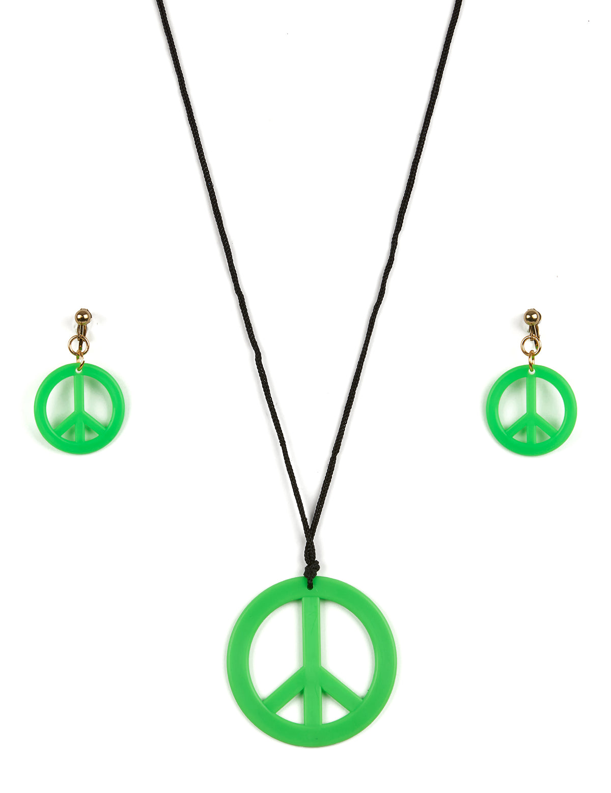 Détail du collier et des boucles d'oreilles Peace and Love du Kit hippie