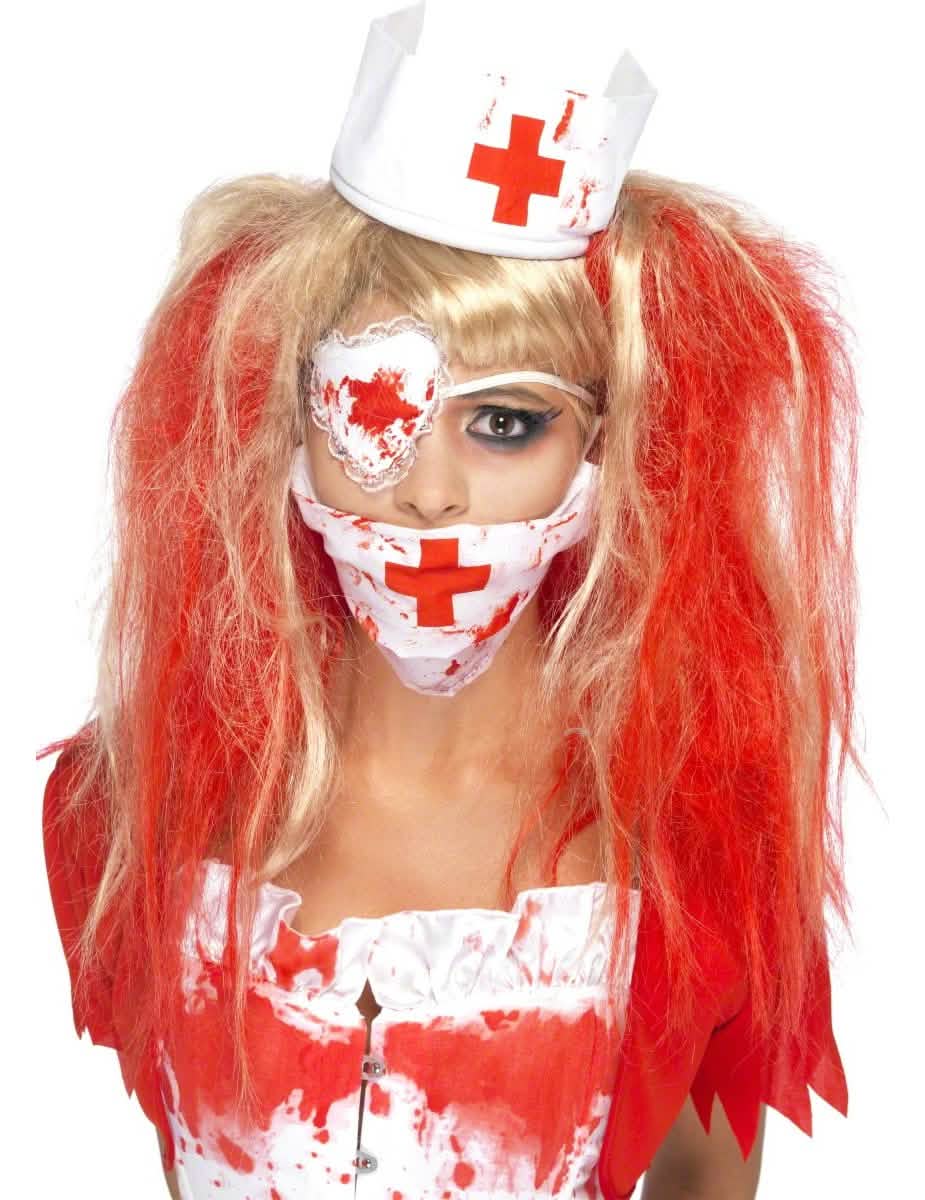 Kit de enfermeira ensanguentada para mulher branco e vermelho com máscara e tapa-olho