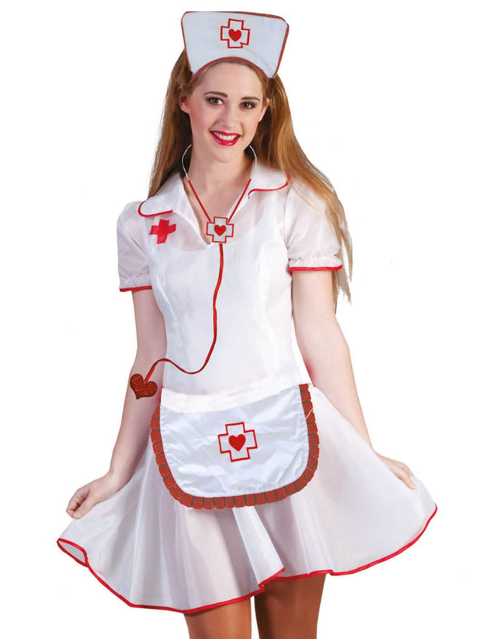 Kit de enfermeira para mulher branco e vermelho com touca e estetoscópio