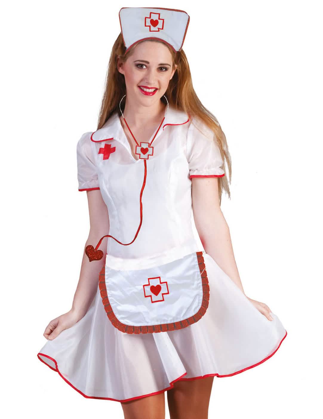 Kit de enfermeira para mulher branco e vermelho com touca e estetoscópio