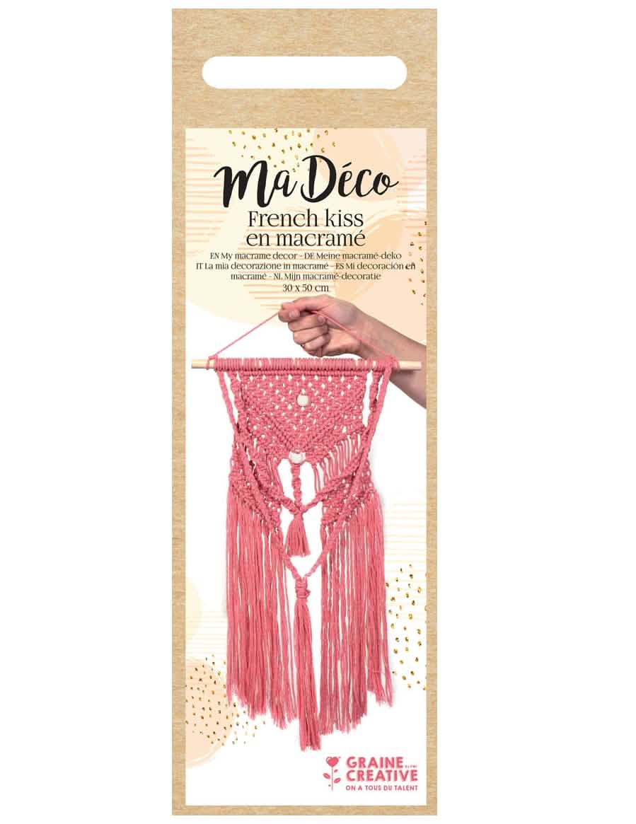 Vista da embalagem do kit de macramé suspenso boémio cor de rosa diy em algodão