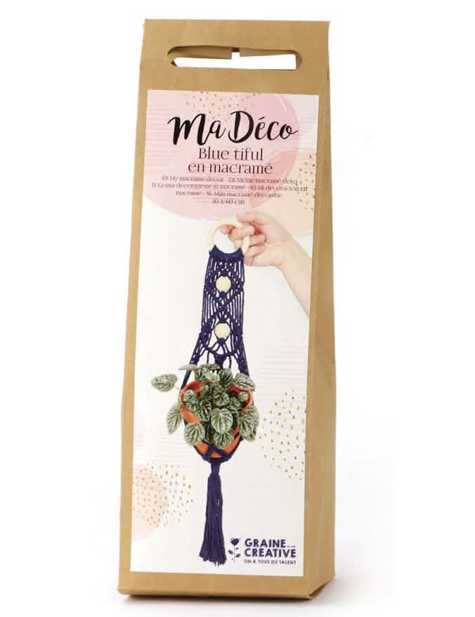Embalagem do kit de macramé para suspender planta azul com vaso de barro