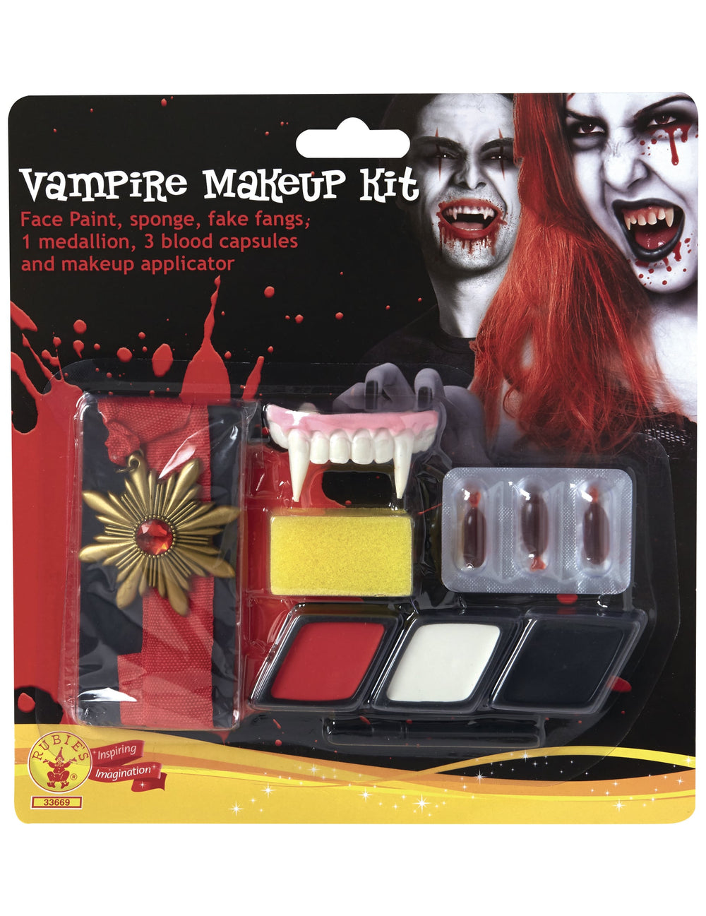 Kit maquillage et accessoires vampire pour adulte rouge blanc et noir avec médaillon et faux crocs