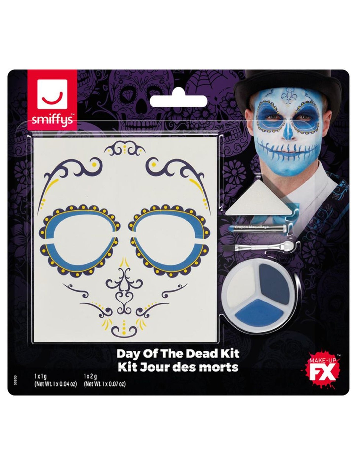 Vue de l'emballage du kit maquillage et tatoo Dia de los Muertos pour adulte bleu