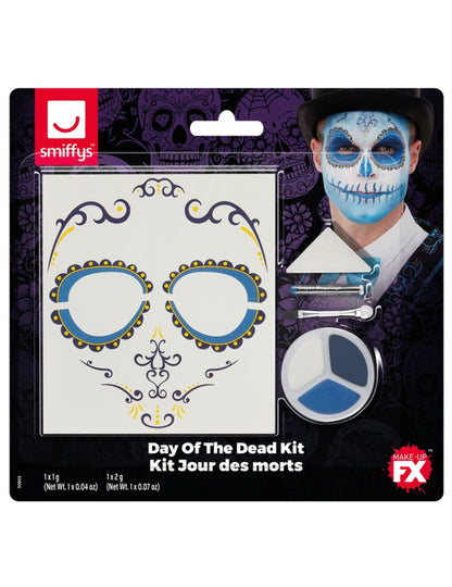 Vue de l'emballage du kit maquillage et tatoo Dia de los Muertos pour adulte bleu