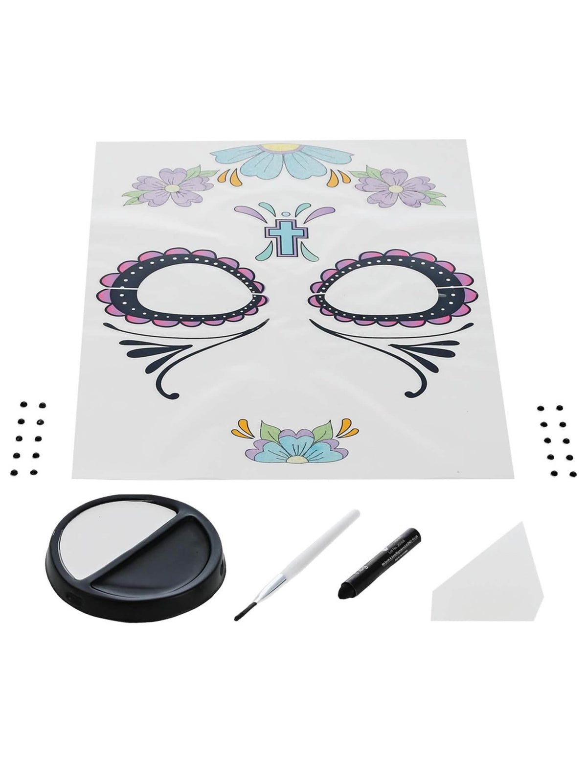 Vista geral do conteúdo do kit de maquilhagem Dia de los muertos para mulher flores azuis