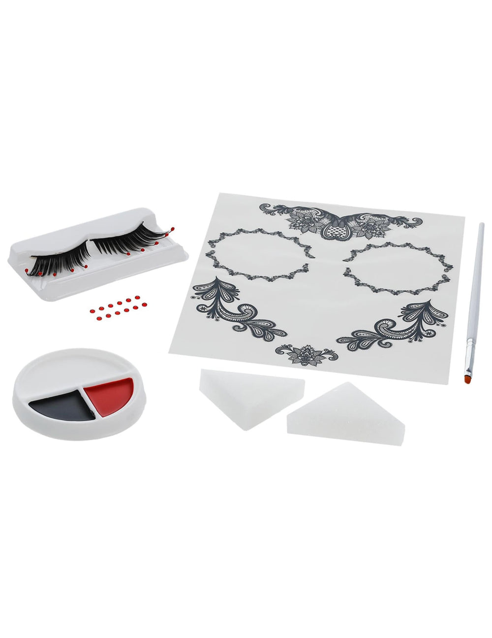 Vue d'ensemble des accessoires du kit maquillage glamour avec faux cils et bijoux Dia de los muertos