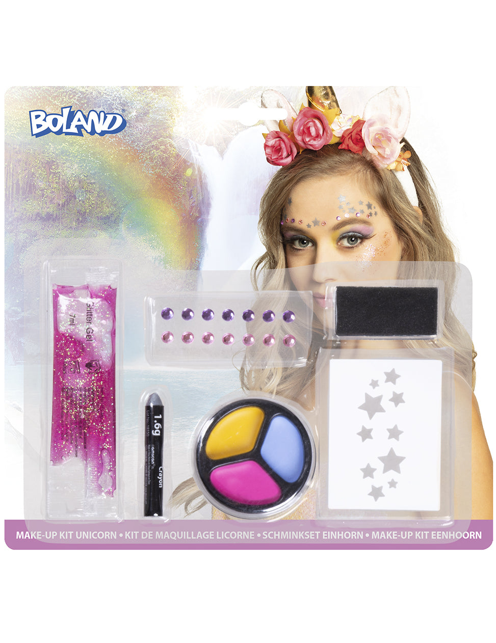 Détail du contenu du kit maquillage licorne pour adulte