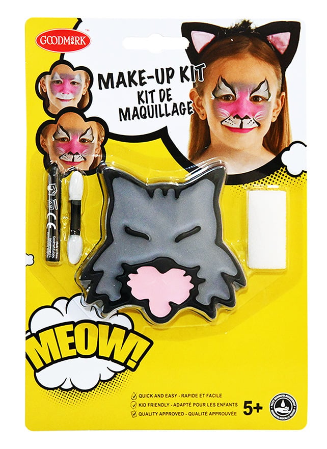 Kit maquillage petit chat pour enfant gris rose et noir avec pinceau et éponge