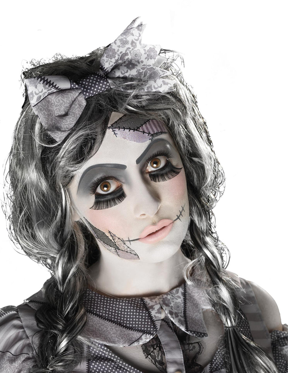 Kit maquillage poupée Halloween pour adulte gris et blanc avec cicatrices et faux cils