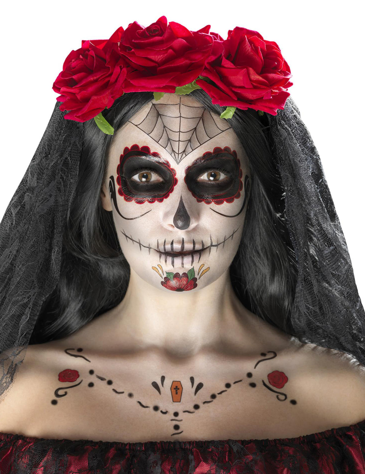 Kit maquillage princesse araignée Dia de los muertos pour femme rouge et noir