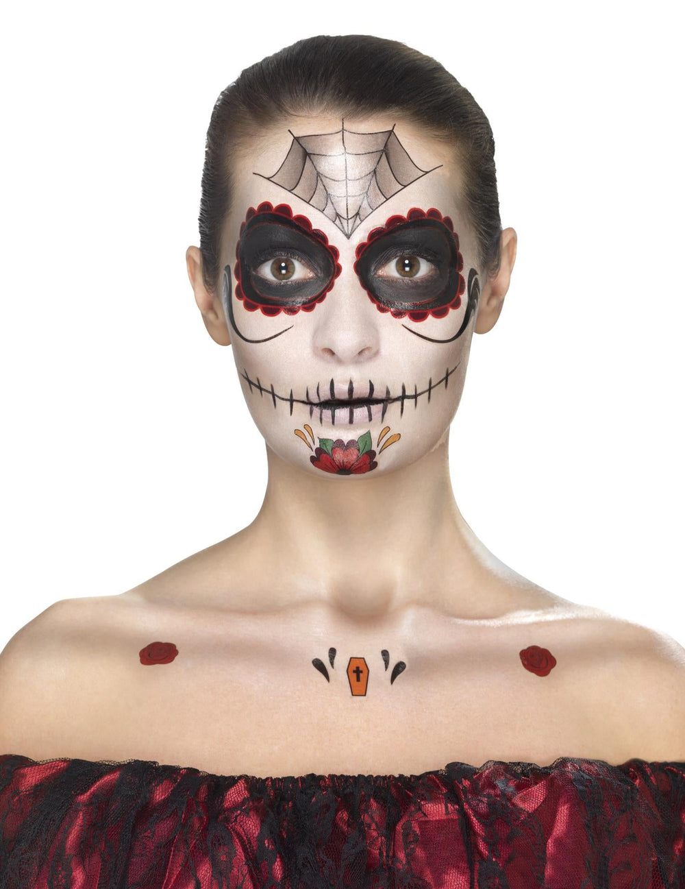 Rendu du maquillage et des tatouages de buste du Kit maquillage princesse araignée Dia de los muertos