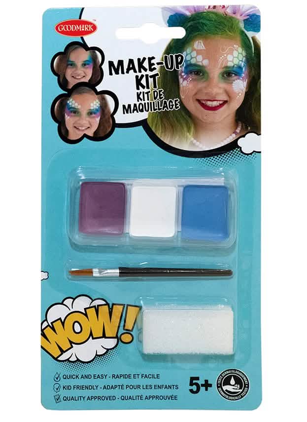 Kit de maquilhagem sereias para menina com pincel e esponja roxo branco e azul