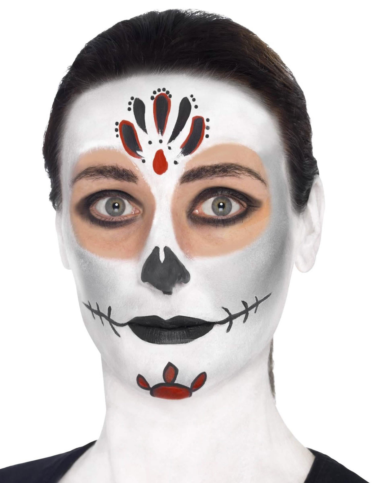 Grande plano da maquilhagem facial do kit de maquilhagem esqueleto colorido