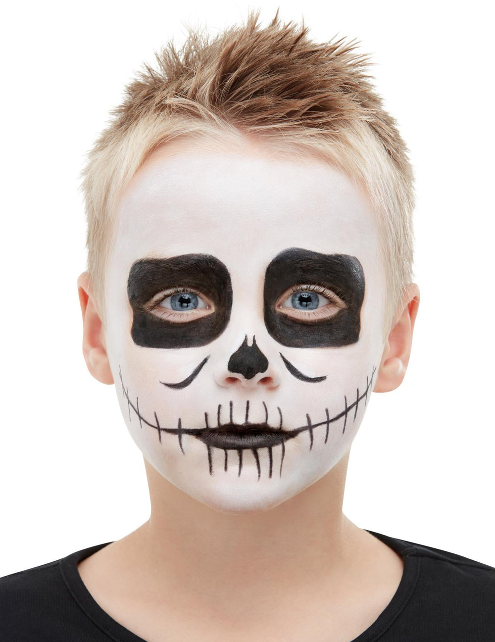 Gros plan sur le maquillage du visage du kit maquillage squelette pour enfant