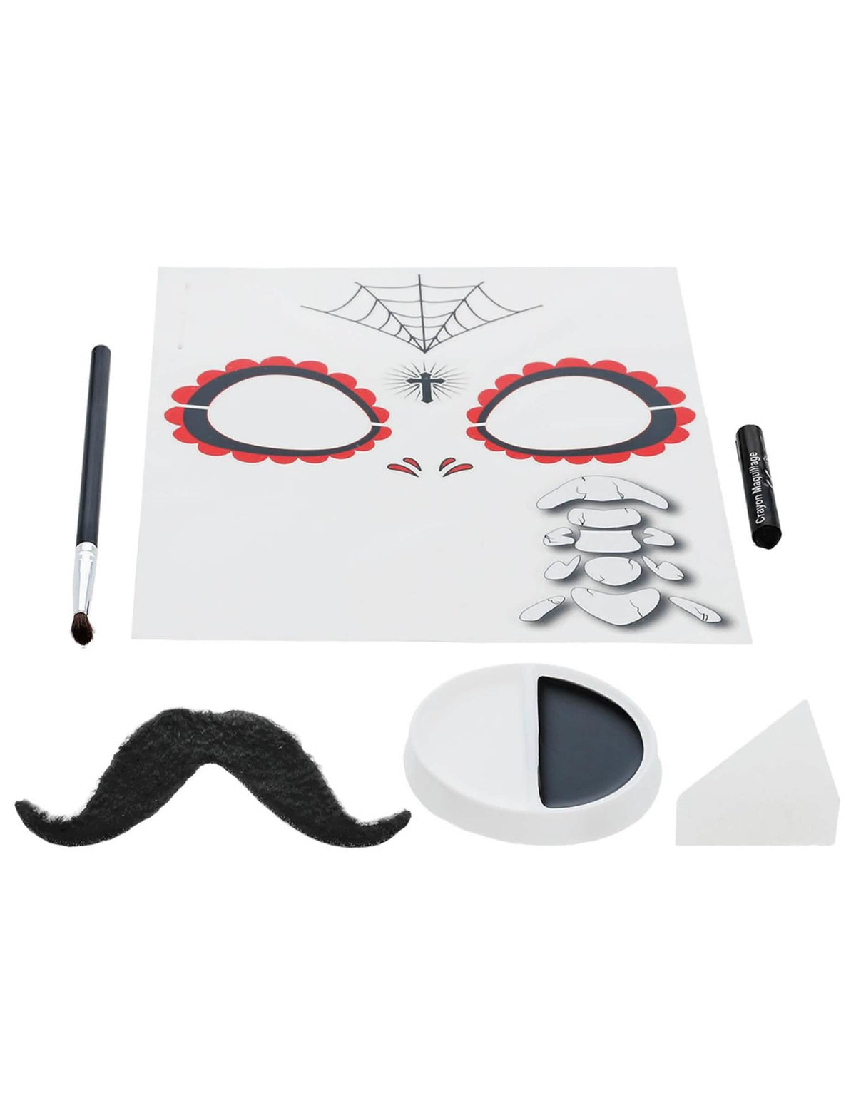 Acessórios incluídos no kit de maquilhagem de esqueleto mexicano Dia de los muertos