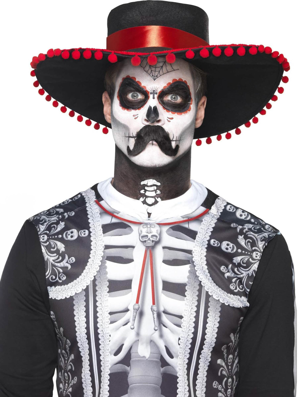 Kit maquilhagem esqueleto mexicano Dia de los muertos para adulto preto e branco com sombrero com pompons vermelhos