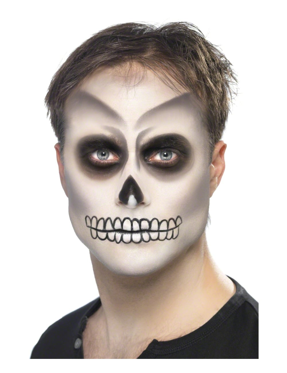 Gros plan sur le visage maquillé du kit maquillage squelette pour adulte