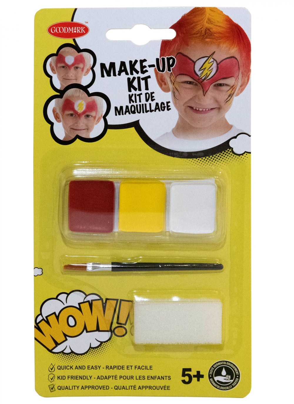 Kit maquillage super héros pour enfant rouge jaune et blanc avec pinceau et éponge