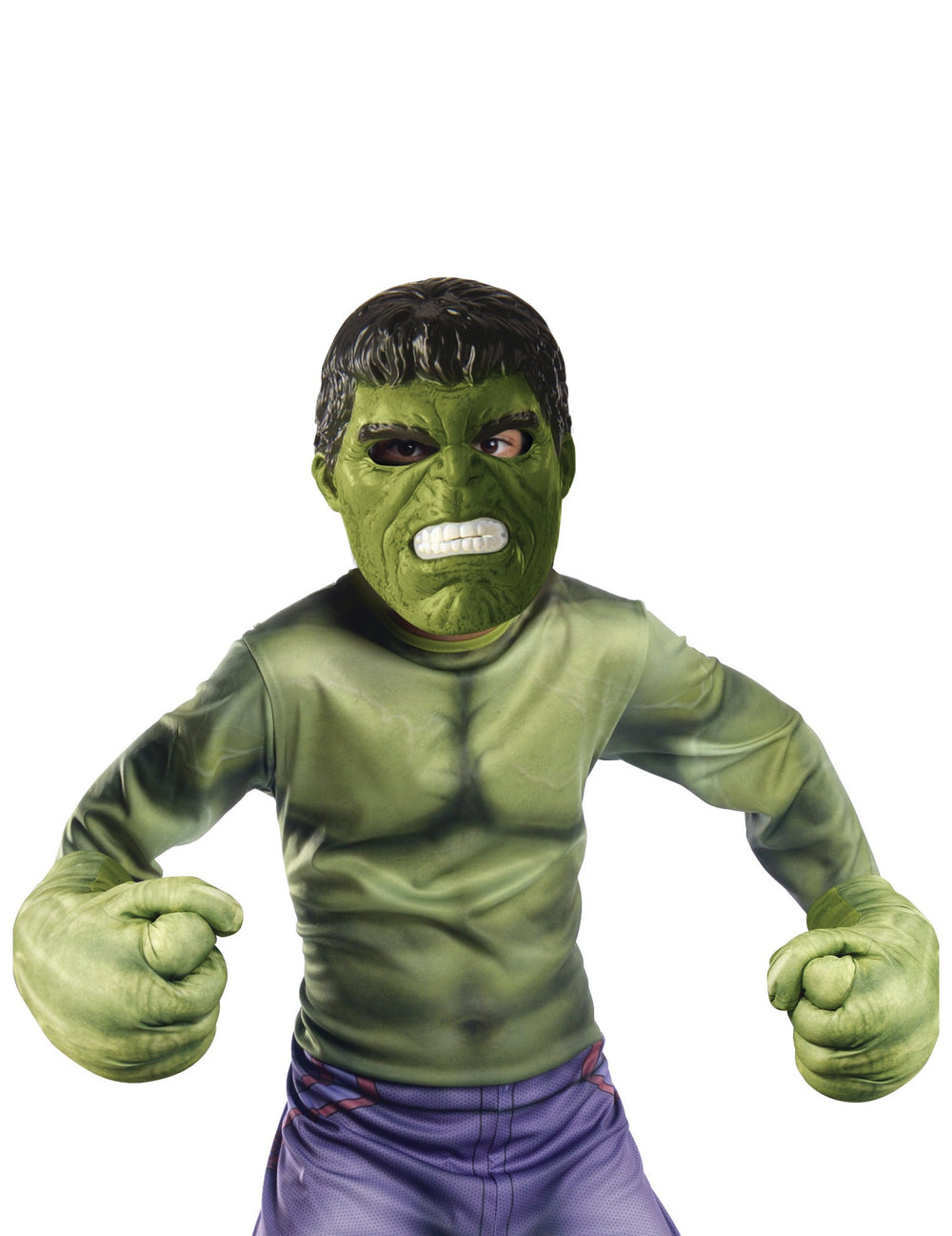 Kit masque et gants géants Hulk pour enfant vert et violet