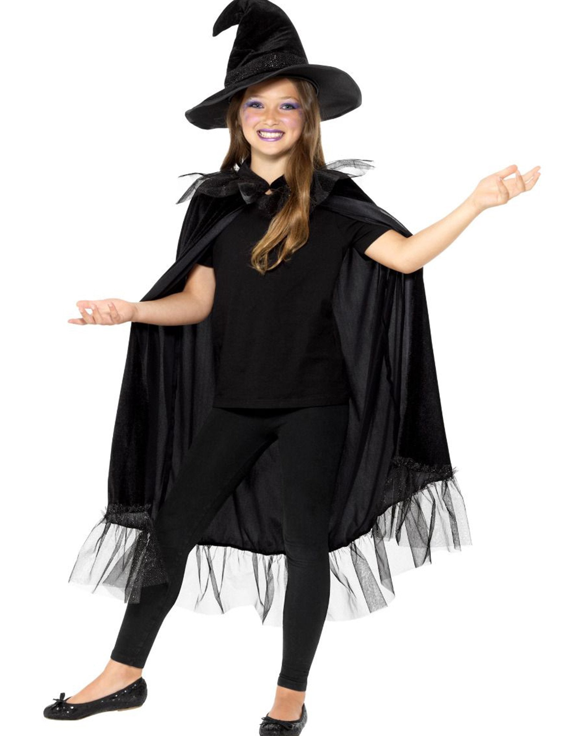 Kit petite sorcière brillante pour fille noir avec cape et chapeau