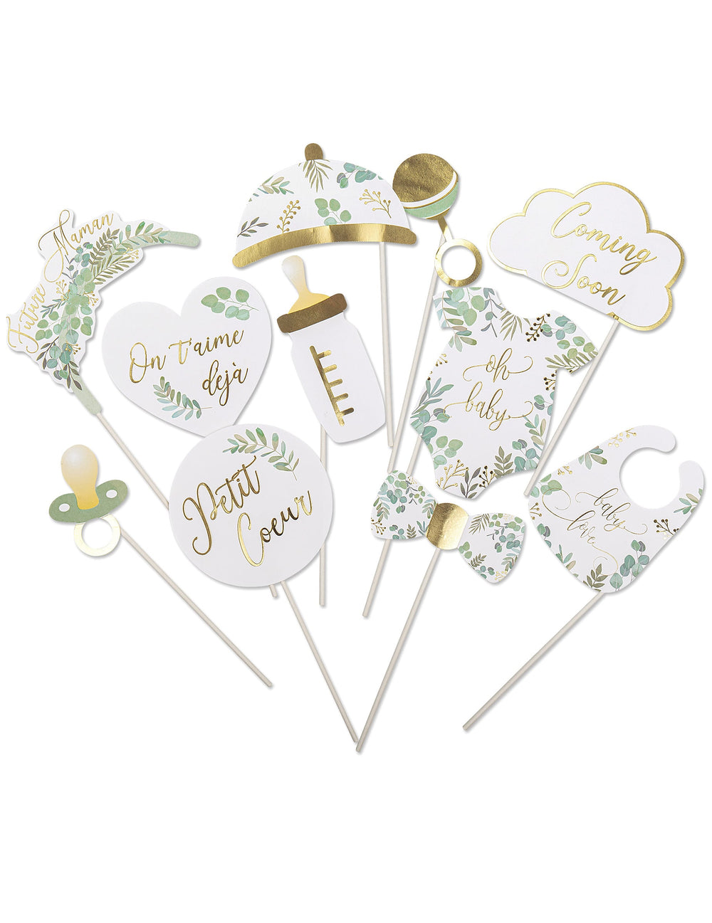 Kit photobooth 11 accessoires eucalyptus Oh Baby pour baby shower blanc vert et or