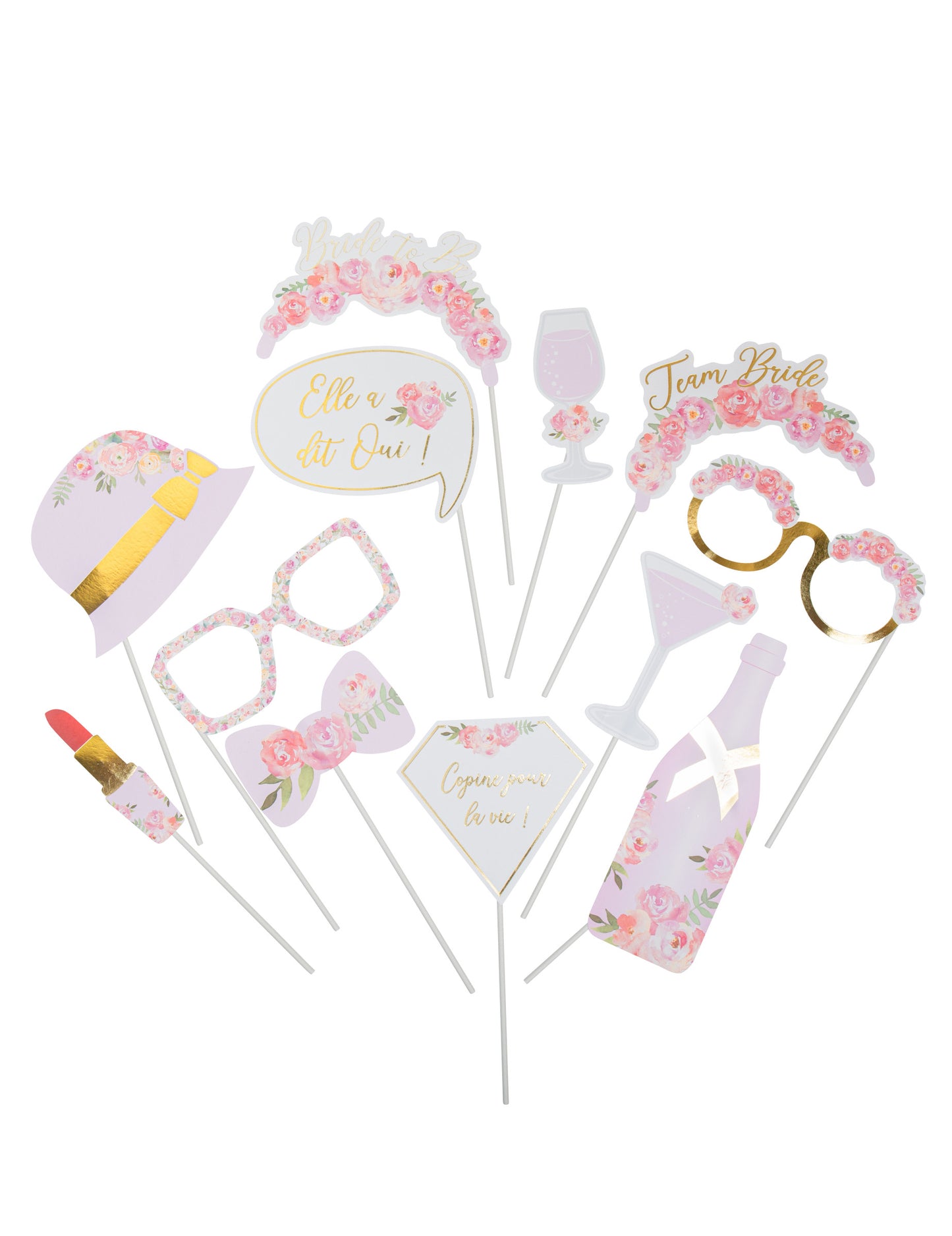 Kit photobooth 12 accessoires EVJF Fleuri pour femme rose et blanc avec motifs fleurs et dorures