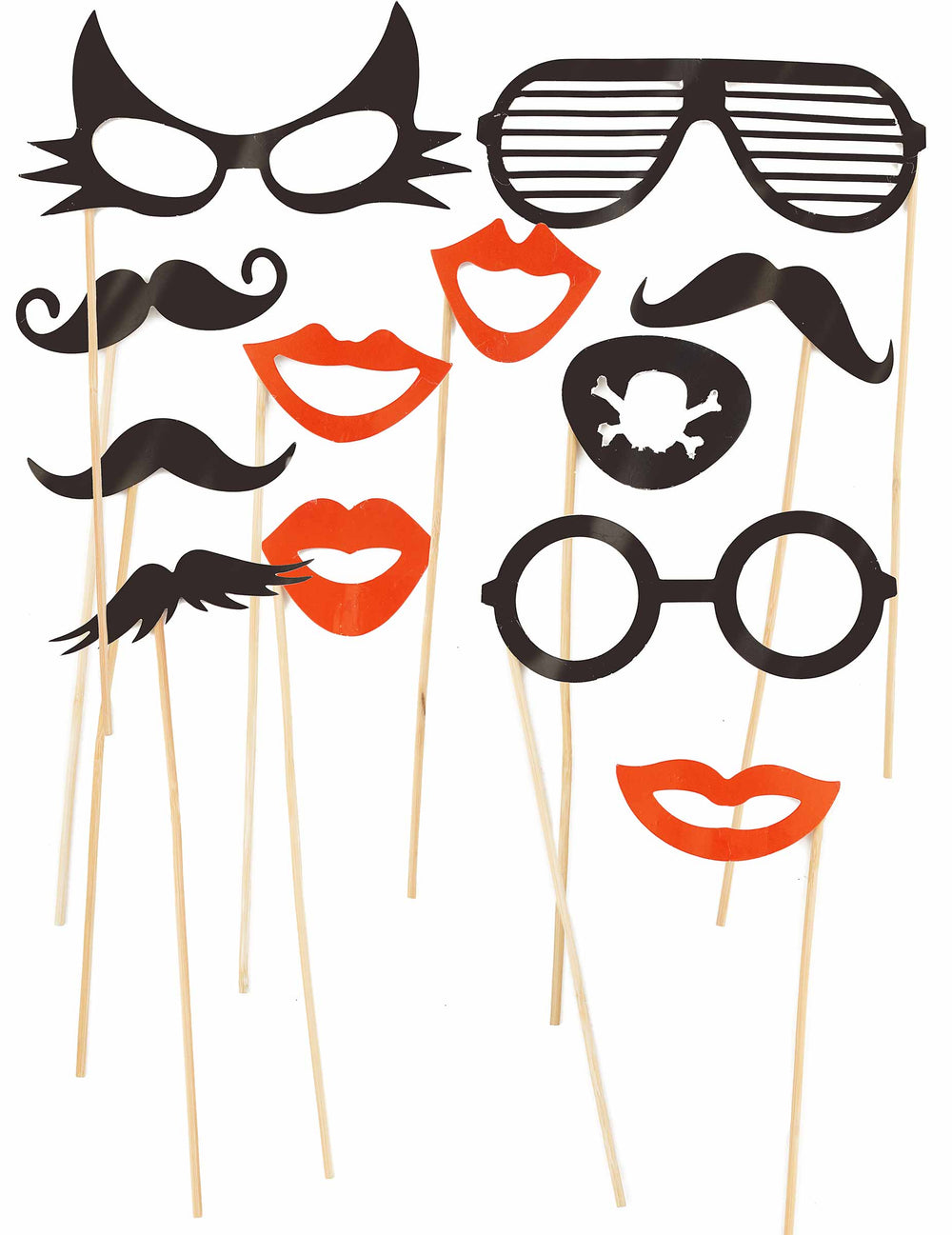 Kit photobooth 12 pièces lunettes et moustaches pour fête noir et rouge