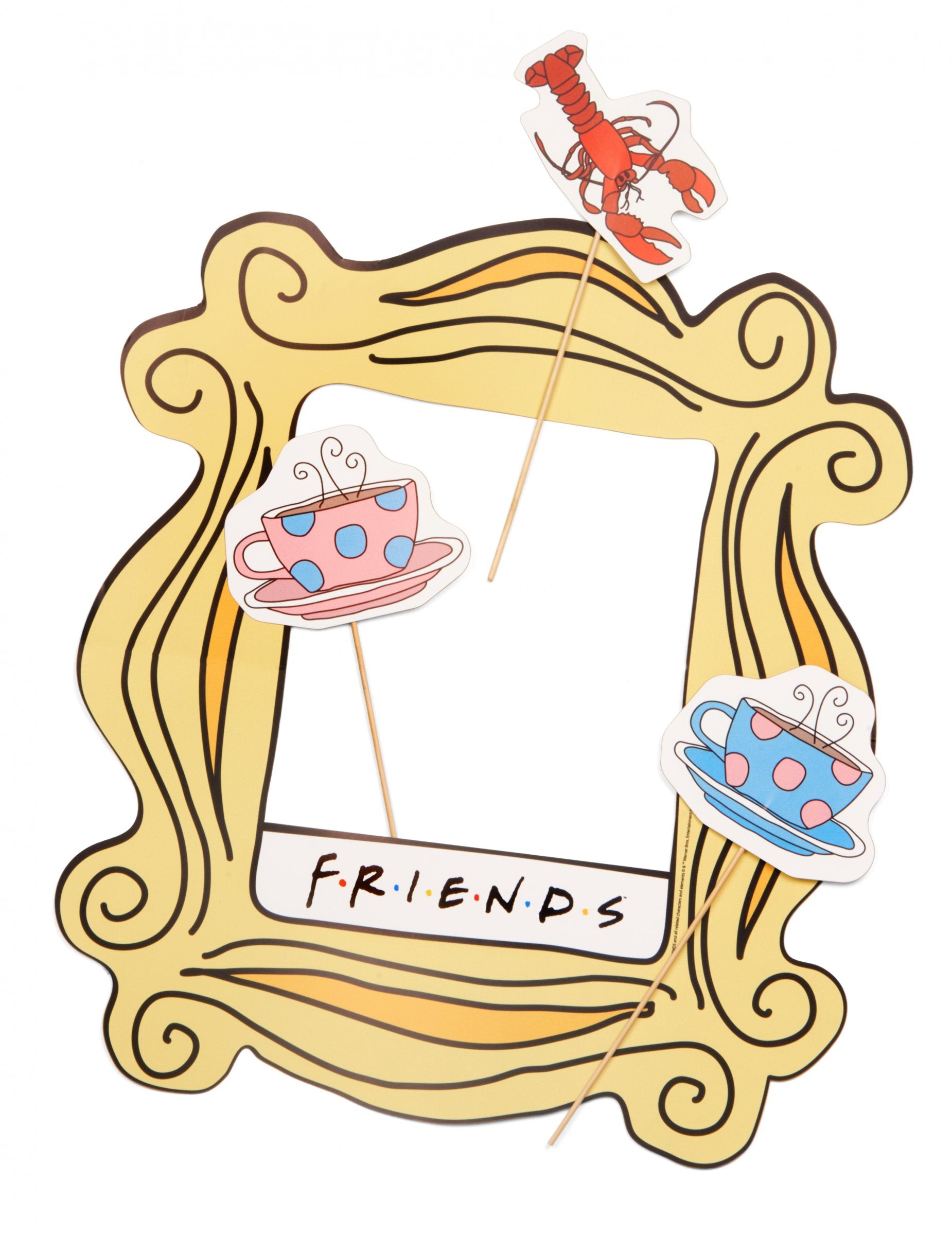 Kit photobooth avec cadre Friends pour adulte jaune avec accessoires tasses et homard
