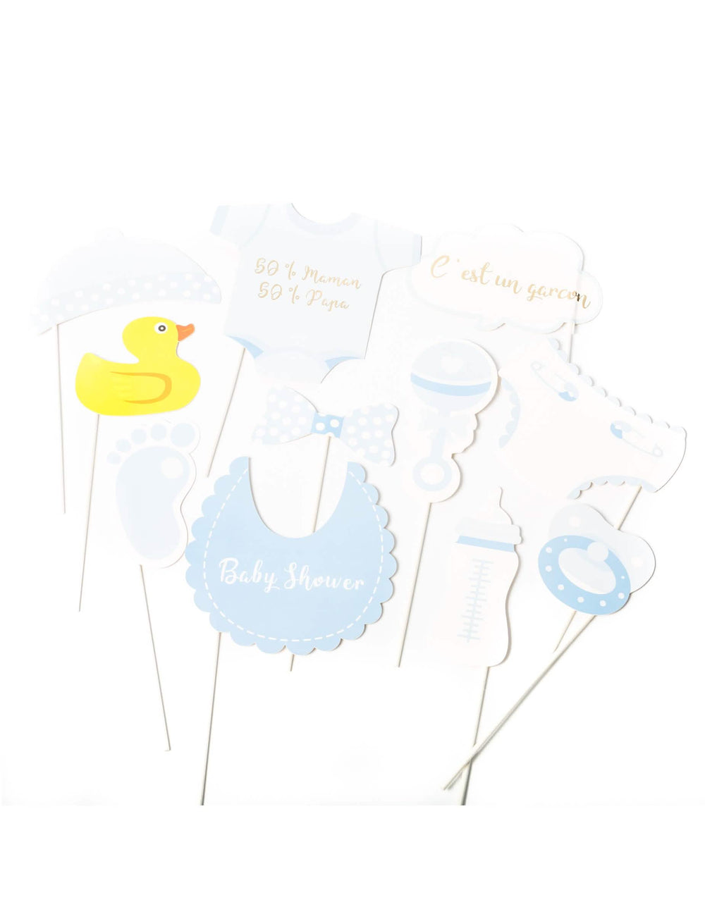 Kit photobooth baby shower para menino azul e branco 11 peças em hastes