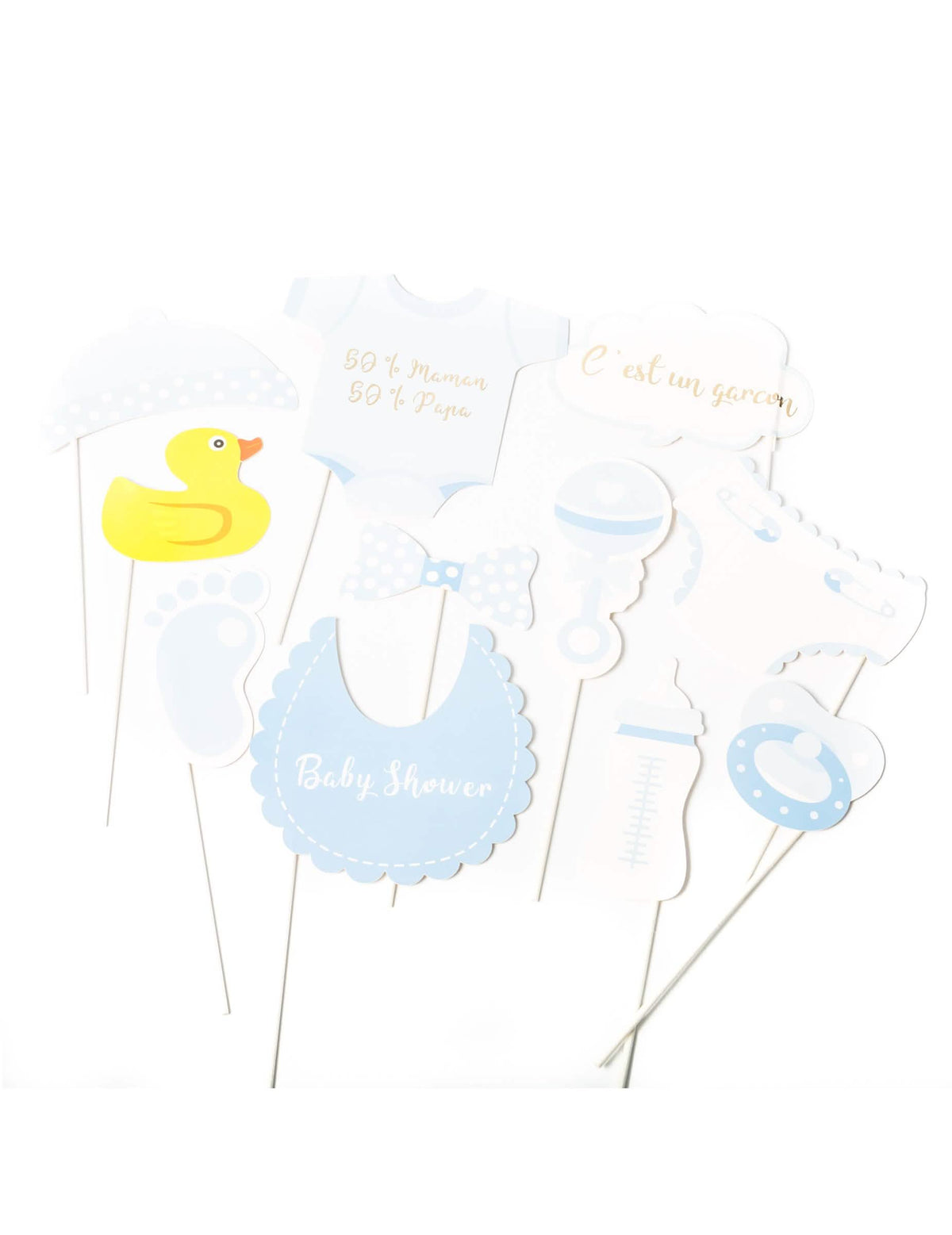 Kit photobooth baby shower para menino azul e branco 11 peças em hastes