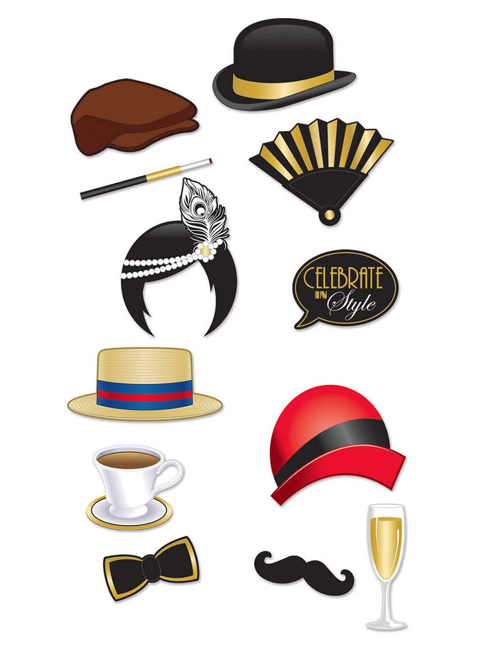 Kit photobooth dos anos 20 para adultos preto e dourado de 12 acessórios