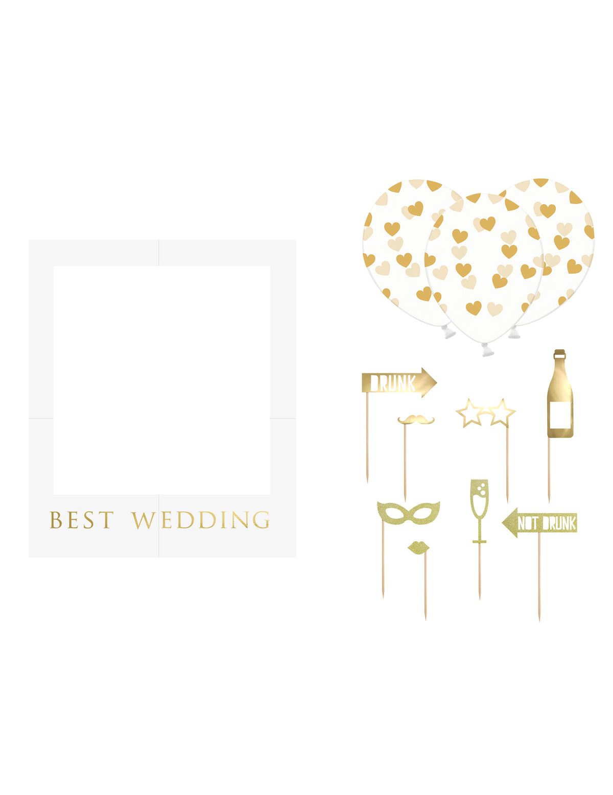 Kit photobooth de mariage pour invités blanc et or avec cadre et ballons