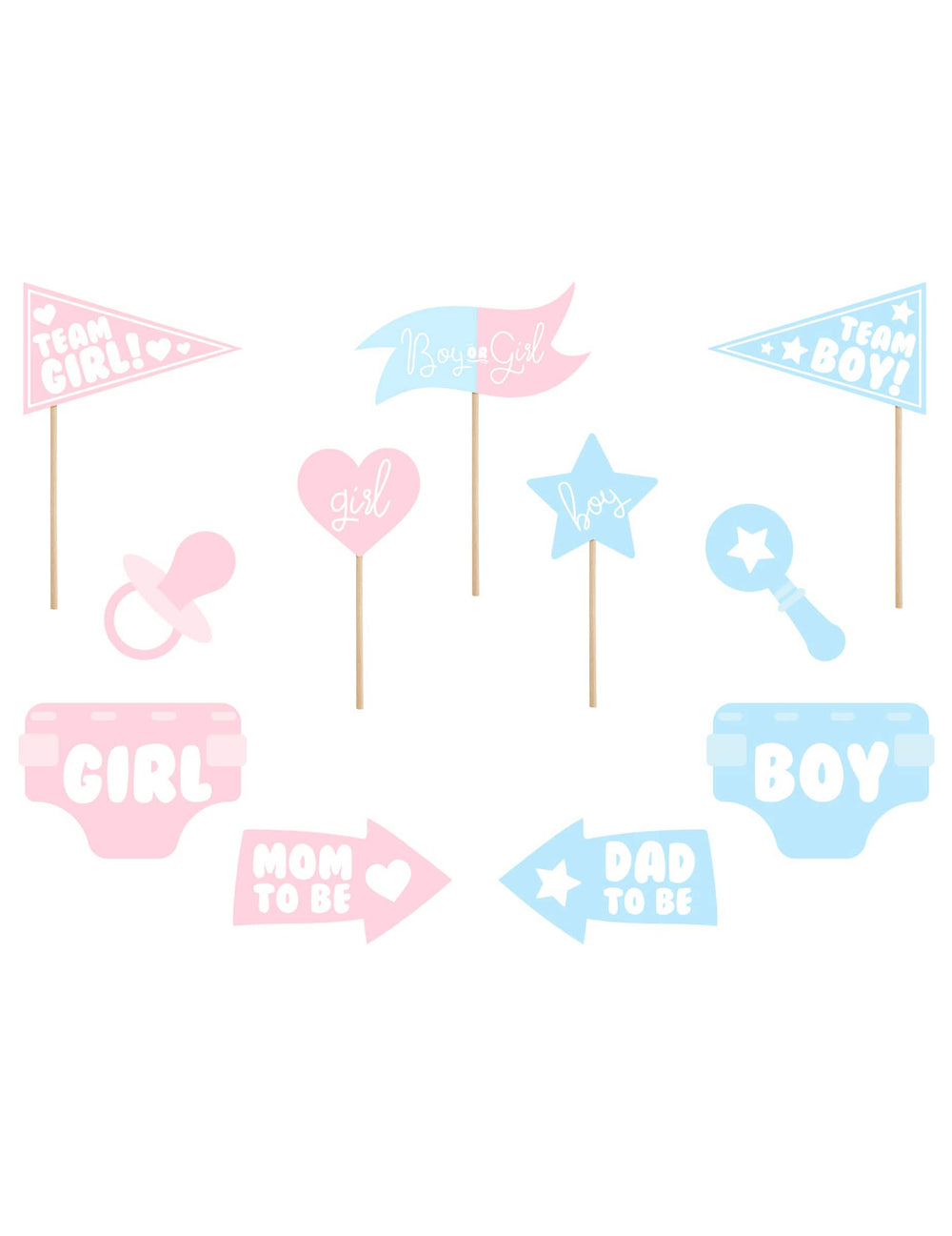 Kit photobooth menina ou menino para gender reveal cor de rosa e azul 11 acessórios