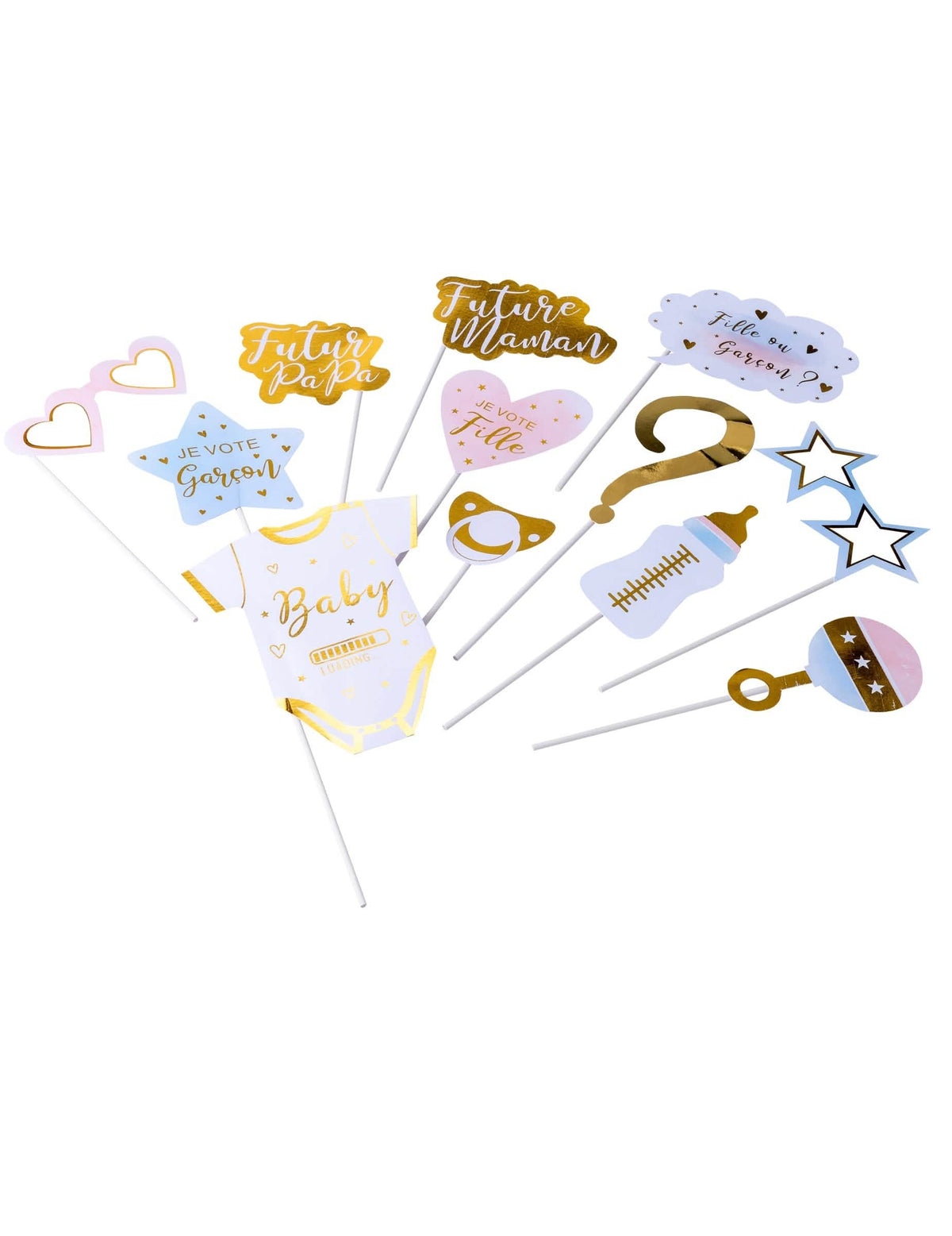 Kit photobooth menina ou menino para gender reveal cor de rosa azul e dourado