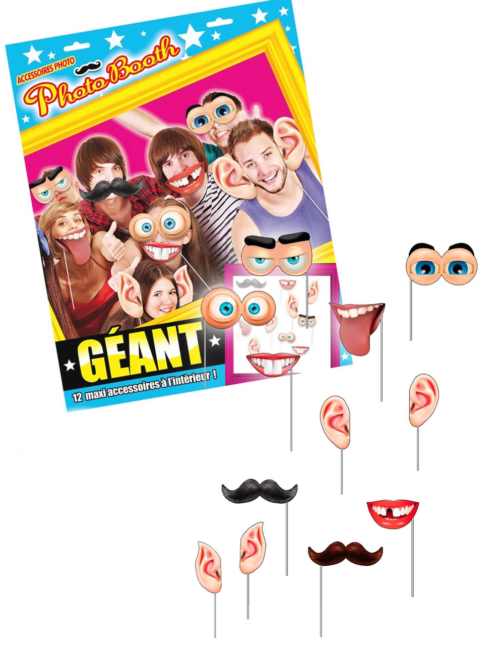 Kit photobooth gigante 12 acessórios para festa multicores com bocas olhos e orelhas