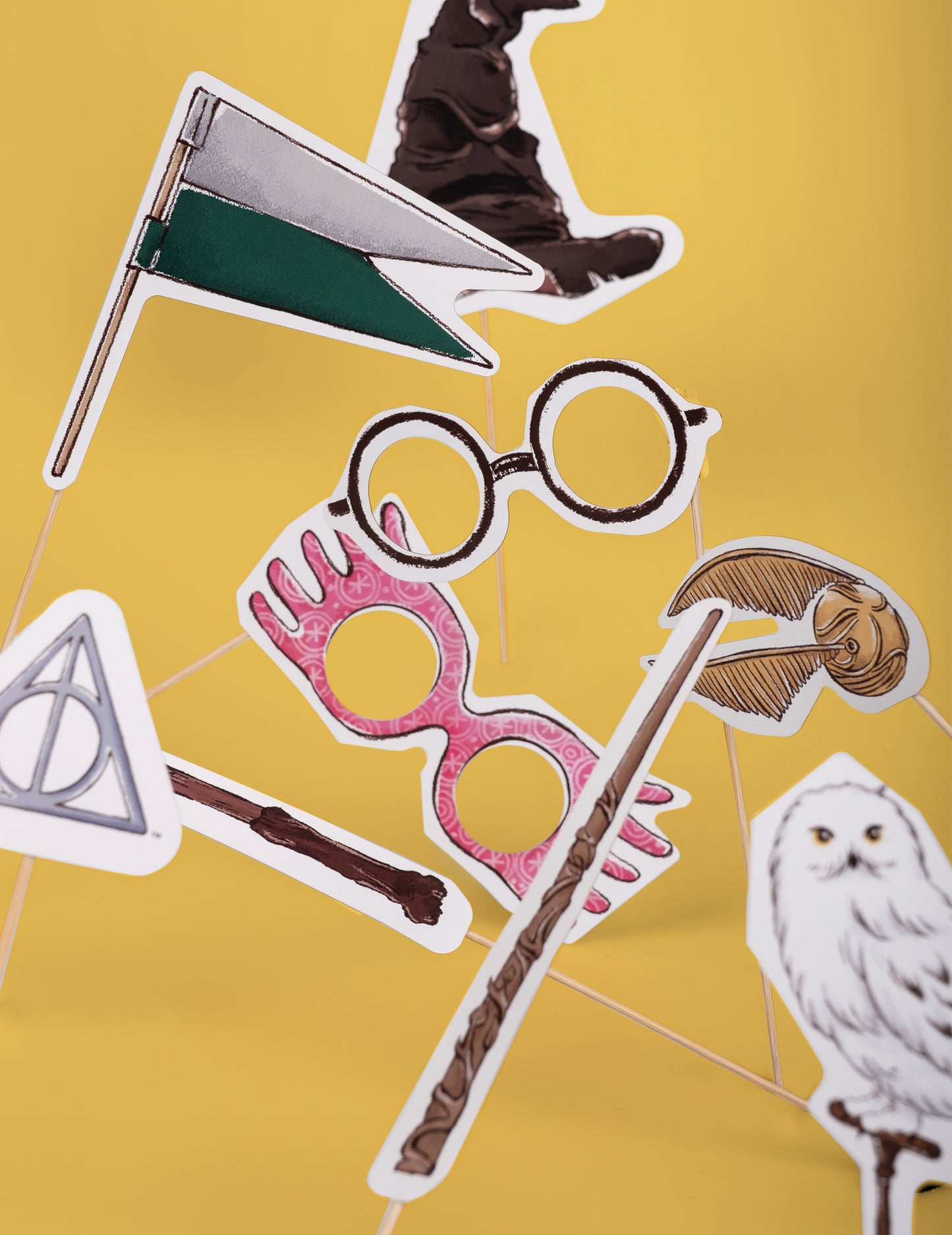 Vue rapprochée des accessoires sur tige du Kit Photobooth Harry Potter