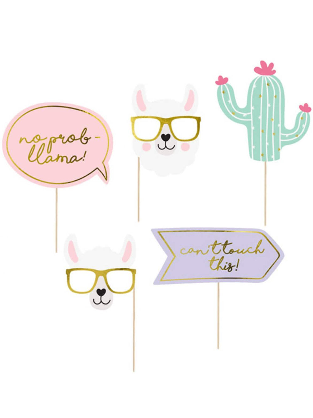 Kit photobooth lama pastel 5 peças para aniversário multicores com detalhes dourados