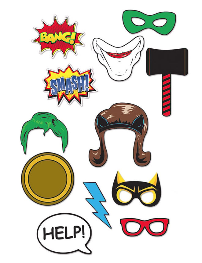 Détail des accessoires du Kit photobooth 12 pièces Super-héros