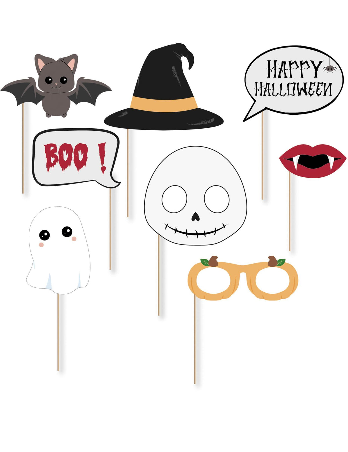 Kit photobooth sweety halloween para crianças 8 acessórios ilustrados e coloridos