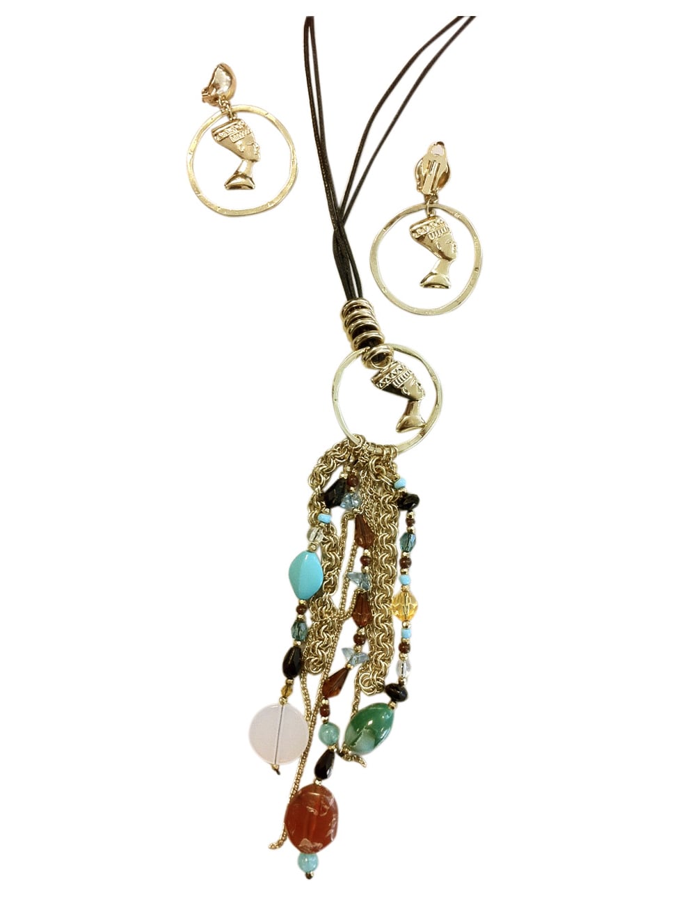 Kit bijoux reine d'Egypte pour femme doré avec perles colorées et médaillons Néfertiti